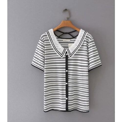 Plus size Lace peter pan collar cotton striped women tshirts 2021 new summer casual short sleeve lady t shirts female top
