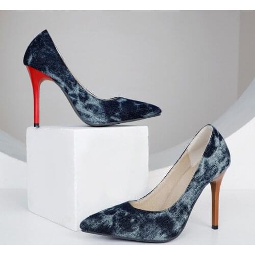 OLOMLB Womens Match Colors Printed Denim Jeans Stilettos High Heel Pumps Sandals Shoes Plus Size 34-48 Sexy New 2021