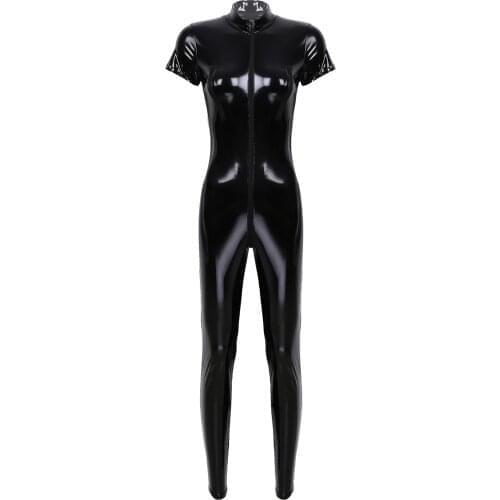Latex Catsuit Patent Leather Women Jumpsuits Black Wetlook PVC Bodysuit Sexy Bodycon Erotic Open Crotch Costume Clubwear