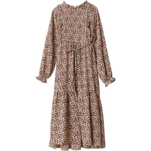 2020 O-Neck Sleeve Flower Print Vintage High Waist Boho Long Elegant Women Casual Midi Dress Vestidos