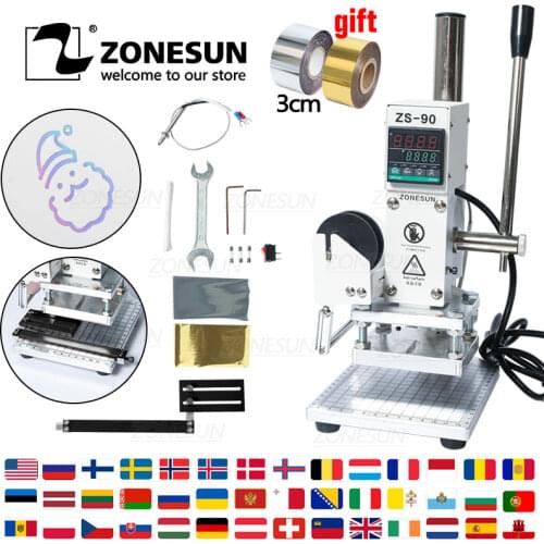 ZONESUN ZS90 Hot Stamping Machine For Leather Wood Bronzing Press Machine Hot Foil Stamp LOGO Branding 500W 220V