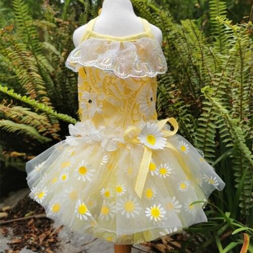 2021 Yellow Daisy Print Pet Dog Tutu Dress Summer New Fashion Lace Princess Dresses For Small Puppy Dog Clothes Outerwear Poodle