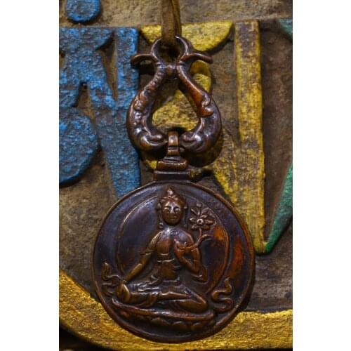 4" Tibet Buddhism Old Lima Bronze Engraved Jiugong Bagua Green Tara Amulet Pendant Amulet Exorcism Ward off evil spirits