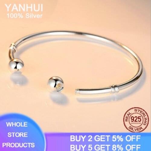 925 Solid Silver Original DIY Charms Bracelet Classical Smooth Bangles Open Cuff Beads Bracelets Bangles Women Jewelry Pulseras
