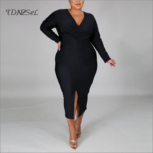 Black Plus Size Women Dress Elegant V Neck Long Sleeve Skinny Mid-calf Dress Winter Lady Rose Red Evening Party Dress New Custom