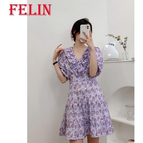 FELIN 2021 Summer Womens Za Puff Sleeve Ruffle Dress Elegant Purple Cashew Flower Mini Dress Female Vintage Mujer Vestidos