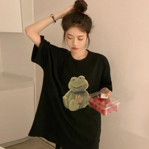 Graphic T Shirts Retro Black Short-sleeved T-shirt Womens Summer New Design Sense Niche Loose Korean Style Top