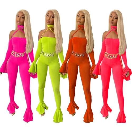 GL Women Winter Playsuit Jumpsuit Full Flare Sleeve Slash Neck Bandage Strap Sexy Backless Night Romper Party outfits HY5105