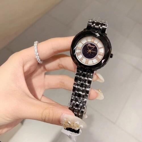 Cool Sexual Cold Women Full Black Watches Personalized Faceted Crystal Watch Vintage Roman Wrist watch Neutral Steel Bracelet