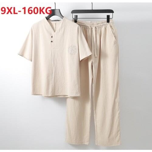 Men T-shirt short sleeve and pants linen cotton floral embroidery homewear Chinese style big size 8XL 9XL vintage Tang suit tees