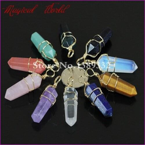 10pcs Mix Nature Gems Stone Point Pendant Wire Wrapped Opal/Crystal/Blue Sand/Lapis Pendant Druzy Pendant