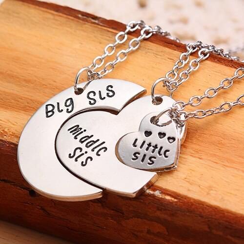 3 Pcs/Set Heart Pendant Big Middle Little Sis Sisters Friendship Chain Necklace