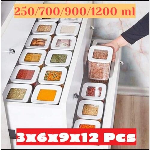 3/6/9/12 Pieces Transparent Square Vacuum Lidded Storage Container Set Box Food, Pulses Storage Airtight 250/700/900 / 1200ml