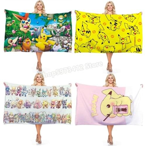Pokemon Game Anime Cartoon Pikachu Printed Beach Towel Digital Printing Rectangular Bath towels for Adults Travel Vacation Gift