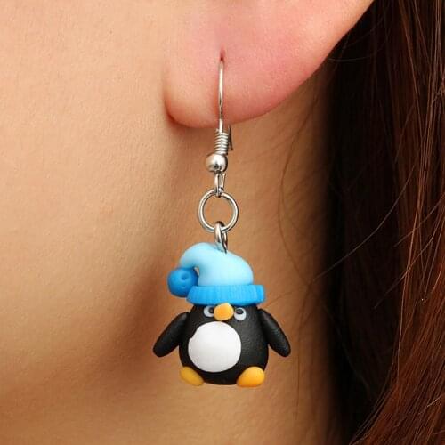 Cute Women Polymer Clay Penguin Dangle Hook Earrings Jewelry Christmas Gift