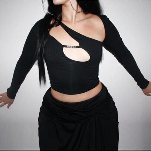 Spring Autumn Fashion Irregular Black Slim T-shirt Long Sleeve Hollow Out Women Basic Chic Crop Top Streetwear All-match T Shirt