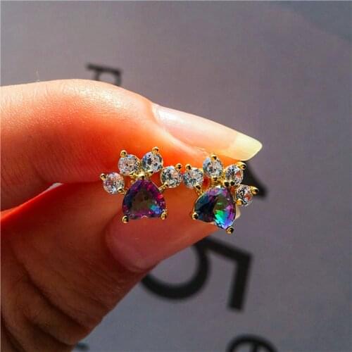 Boho Female Rainbow Stone Stud Earrings Boho Yellow Gold Wedding Earrings Small Dog Cat Paw Claw Earrings For Women