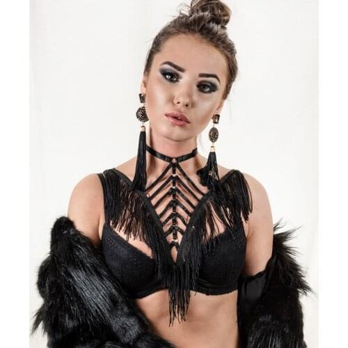 Gothic Tassels Harness Belt Harajuku Punk Crop Top Cage Bralette Fetish Rave Wear Bondage Harness Lingerie Women Bodysuit DO0610