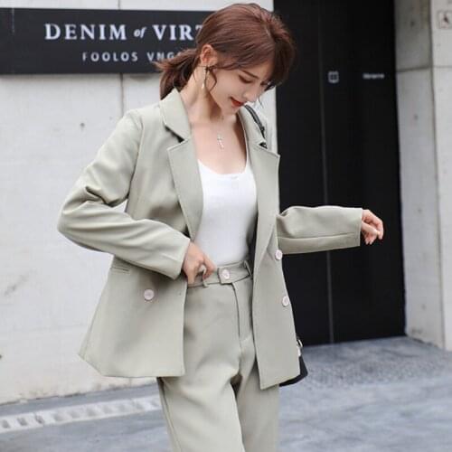 2021 Autumn Women Vintage Double Breasted Casual Blazer+Slim Suit Ankle-Length Pants Two Piece Set Office Ladies Formal Clothing