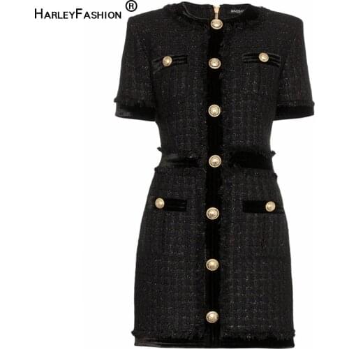 HarleyFashion Luxury Design Women Chic Stylish Short Sleeve Buttons Tweed Straight Mini Skinny Dress Tassel Patchwork Dresses