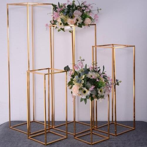 10 PCS Shiny Gold Iron Column Pillar Flower Stand Metal Plinth Square Frame For Wedding Table Centerpieces Birthday Stage Decor