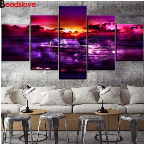 Diamond embroidery 5 piece 5 d diy diamond painting Beautiful purple sunset car full square round diamond mosaic wall art