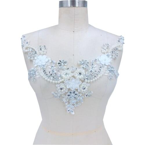 Handmade Beads 3D White Flower Lace Collar Pearl Water Diamond Lace Wedding Dress DIY Material Beaded Lace Fabric