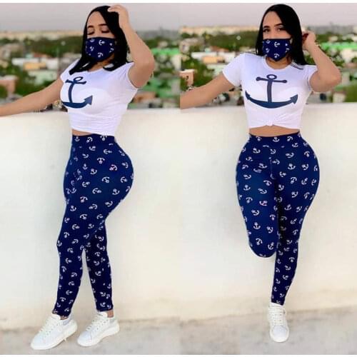 T Shirt Pants Mask Women Three Piece Set 2020 Summer Short Sleeve O neck Tops And Print Trousers Leggings Casual Set New