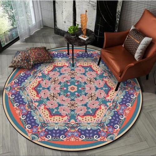 American Country Style Round Area Rugs Retro Ethnic Geometric Flowers Printed Floor Mat Kids Bedroom Hanging Basket Chair Carpet