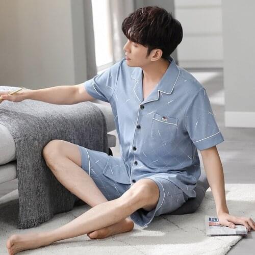 2pcs Mens Pajamas Cotton Cardigan Short Sleeve Shorts Home Loose Large Size Suit Summer Cotton Casual Wear Thin Male Pyjamas