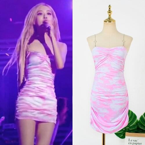 Kpop Korean Celebrity ROSE Nightclub Fashion Strapless Sling Mini Dress Women Party Ruffles Sexy Backless Solid Tie Dye Dresses