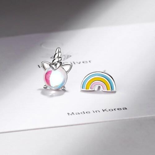 925 Sterling Silver Asymmetry Opal Unicorn Stud Earring for Women Wedding Jewelry pendientes eh1133