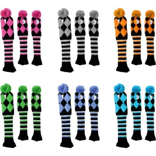 Set of 3pcs Pom Pom Head Cover Set Long Neck Knit Sock Golf Club Accessory