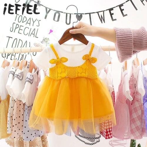 Summer Baby Clothing Toddler Newborn Baby Girls Mesh Tutu Dress Bowknot Fake Two Piece Princess Birthday Party Dress For Girls