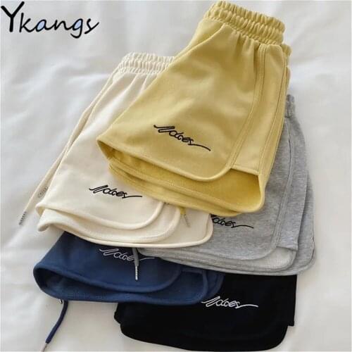 Letter Embroidery Solid Drawstring Elastic High Waist Hot Pants Sports Casual Yoga Biker Aesthetic Korean Wide Leg Street Shorts