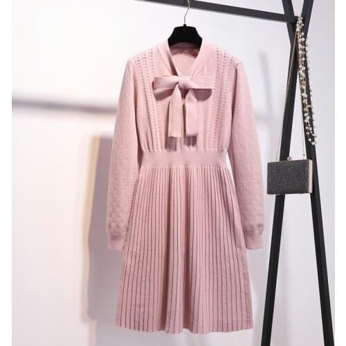 Autumn Winter Female Elegant Long Sleeve Slim Dresses New Fashion A-line Pleated Knitwear Knitted Sweater Dress For Women
