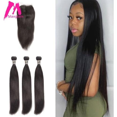 Straight human hair bundles with closure remy brazillian hair extension weave pre plucked short long for black women 3 bundles
