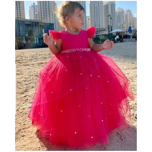 Rose Red Puffy Tulle Pearls Baby Infant Girls Birthday Dresses Crew Ball Gown Little Girls Communion Pageant Dresses Headpiece