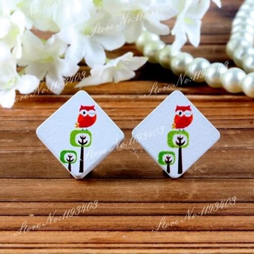 Owl Square Shape High Quality Photo Wood Laser Cut Cabochon to make Rings, Earrings, Bobby pin,Necklaces, Bracelets