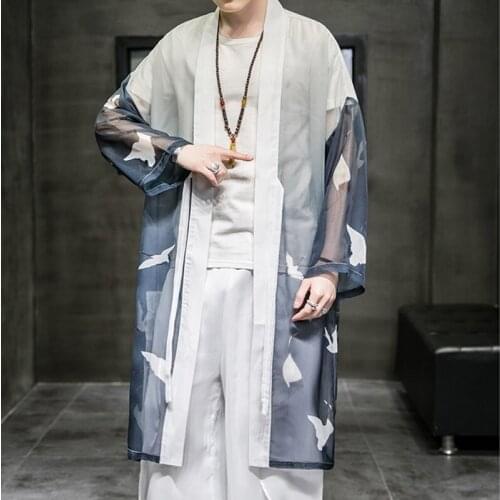 Streetwear Thin Tang Suit Coat Men 2021 Summer Mens Long Coat Male Hanfu Chinese Style Robe Harujuku Kimono Cardigan Men 30162