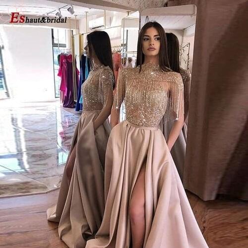 Dubai Arabic Blush Evening Dress 2020 High Neck Side Split with Pockets Beads Tassel Handmade Long Formal Prom Party Gown