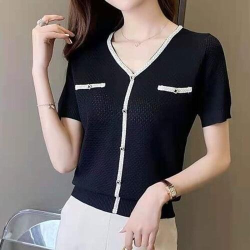 Ice silk knitted short-sleeved t-shirt womens summer 2021 new loose thin white V-neck top vintage sweater cardigan 2020