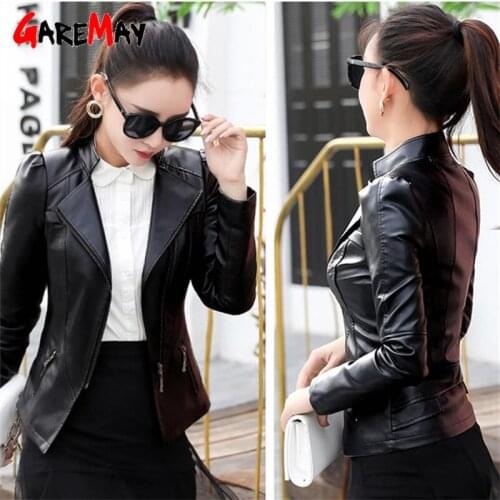 Womens Faux Leather Jacket 2021 Autumn New Korean Fashion Slim Imitation Leather Moto Biker Zipper Jacket Short PU Women Coat