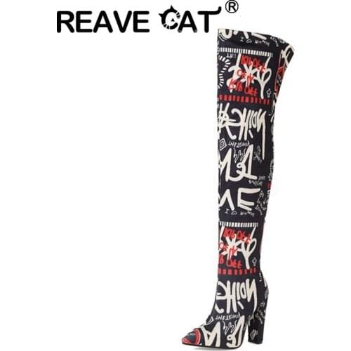 REAVE CAT 2021 Over The Knee Boots Sexy Party Slip On Pointed Toe Ethnic Block Heel Short Plush US12 Black Purple Orange A4494