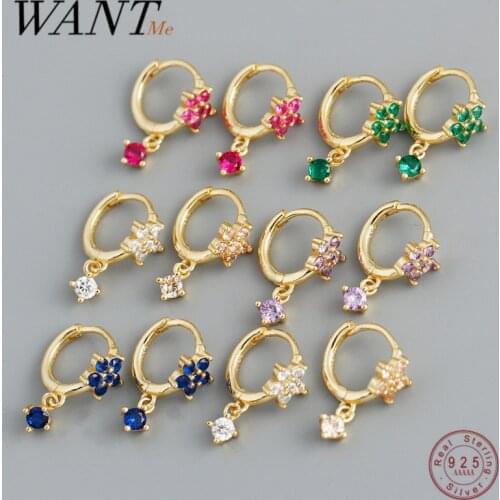 WANTME Silver Star Tassel Pendant Earrings for Women Colored Zircon 925 Sterling Silver Spanish Fine Circle Wedding Jewelry