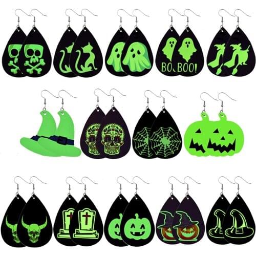 Halloween Scary Face Pumpkin Pattern for Women Artificial Leather Luminous Earrings Punk Pendant Earrings Pumpkin Lamp Earrings