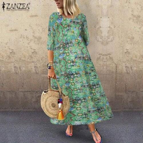2021 Women Vintage Floal Printed Sundress ZANZEA Autumn 3/4 Sleeve Party Dress Bohemian Vestido Robe Femme Dresses