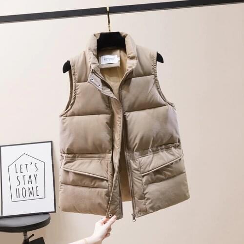 2021 Womens Winter Vest Short Style Solid Cotton Padded Sleeveless Jacket with Zipper Stand Collar Coats Thick Casual Outwear