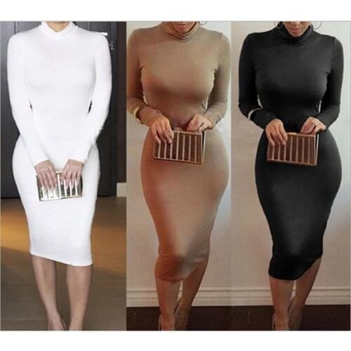 New Women Bandage Dress Autumn Turtleneck Slim Long Sleeve Bodycon Dress Sexy Fashion High Neck Club Sheath Wrap Vestidos Femme