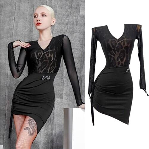 Black Latin Dance Dress Women Sexy Long Sleeves Irregular Dress Tango Salsa Samba Dance Costume Adult Latin Practice Wear BL5253